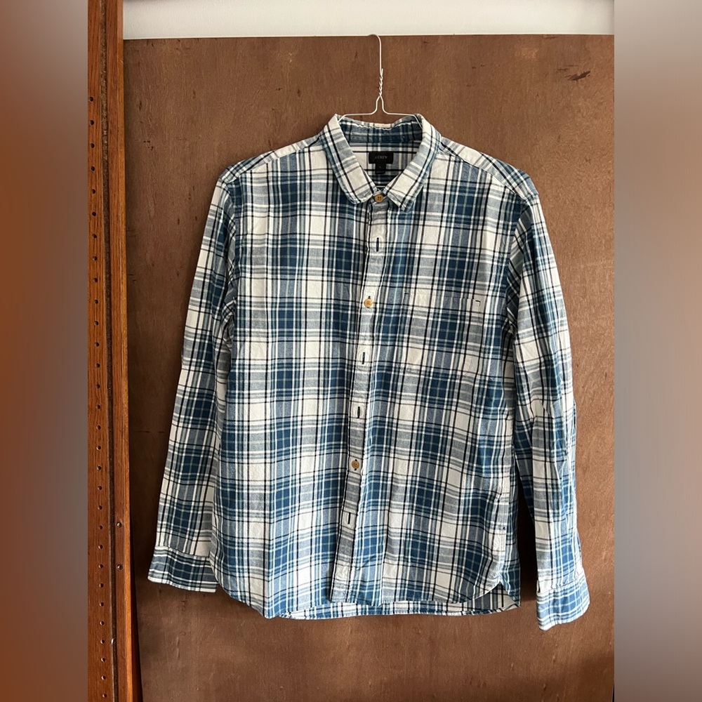 J. Crew green, Blue and white long sleeve button up shirt